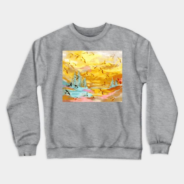 Abstract Landscape with Swallows at Sunset Crewneck Sweatshirt by micklyn